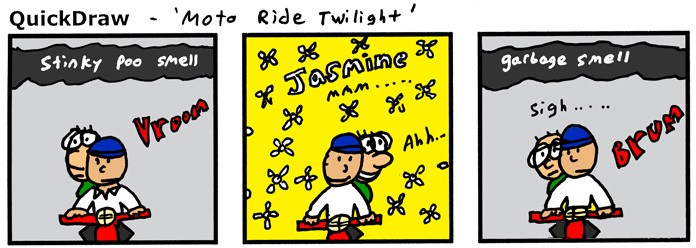 Usually passing by a temple or garden...